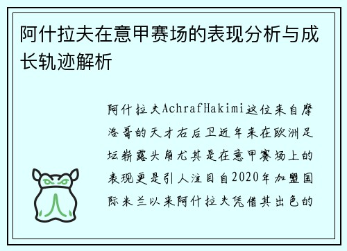 阿什拉夫在意甲赛场的表现分析与成长轨迹解析